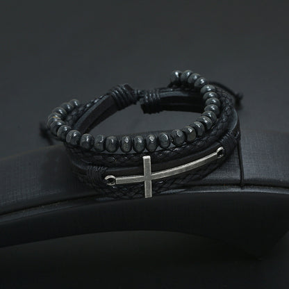 Multilayer woven wooden bead Christian leather bracelet.