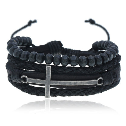 Multilayer woven wooden bead Christian leather bracelet.