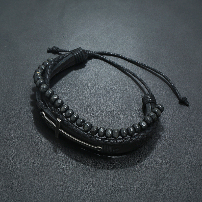 Multilayer woven wooden bead Christian leather bracelet.